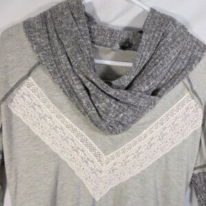 Vanity Womens Small Sweater Sweatshirt Cowl Wrap Neckline Gray White Lace Dressy